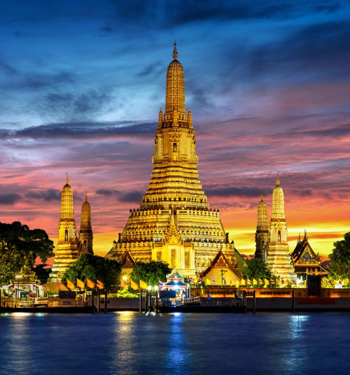 Wat Arun temple at twilight in Bangkok, Thailand.